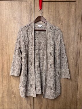 J. Jill Coastal Taupe Open-Front Crochet Cardigan Neutral Women’s 3/4 Sleeves M